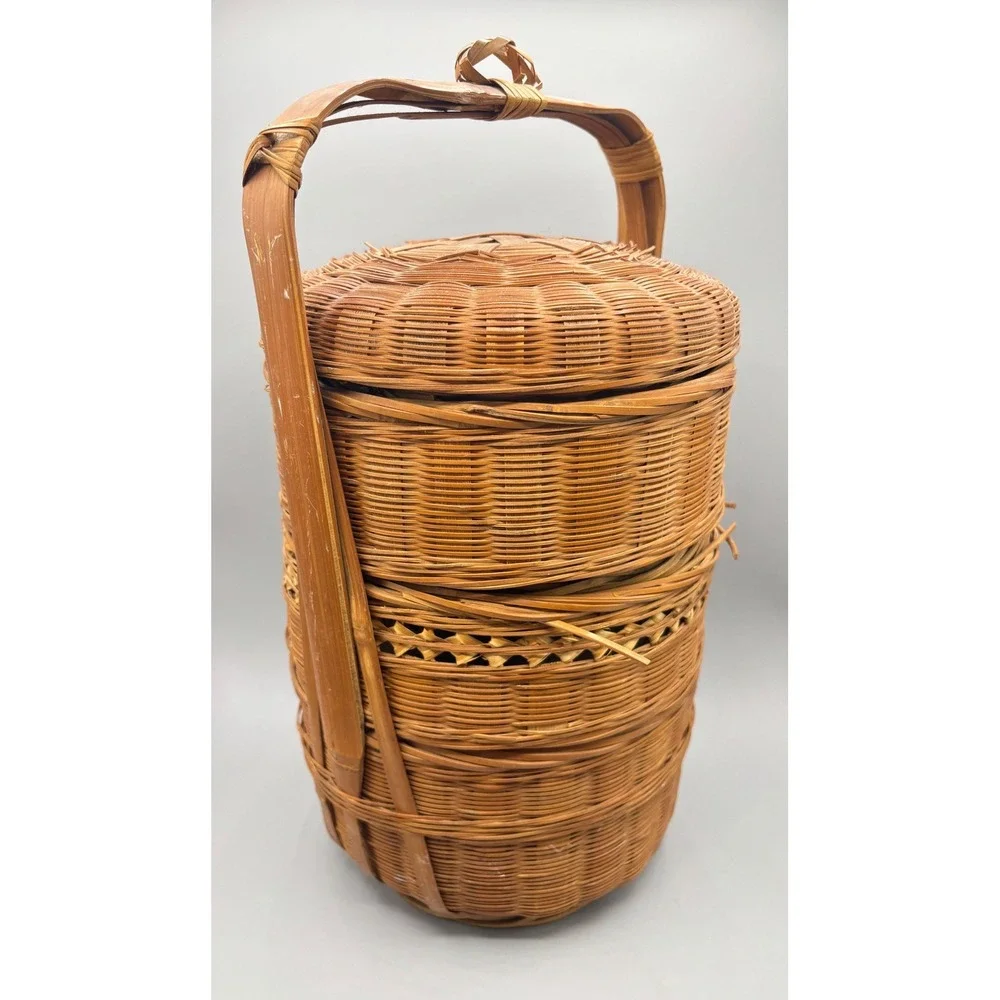 Vintage Chinese Wedding Basket 3 Tier‎ Woven Bamboo Wicker Tiffin Carrier 15